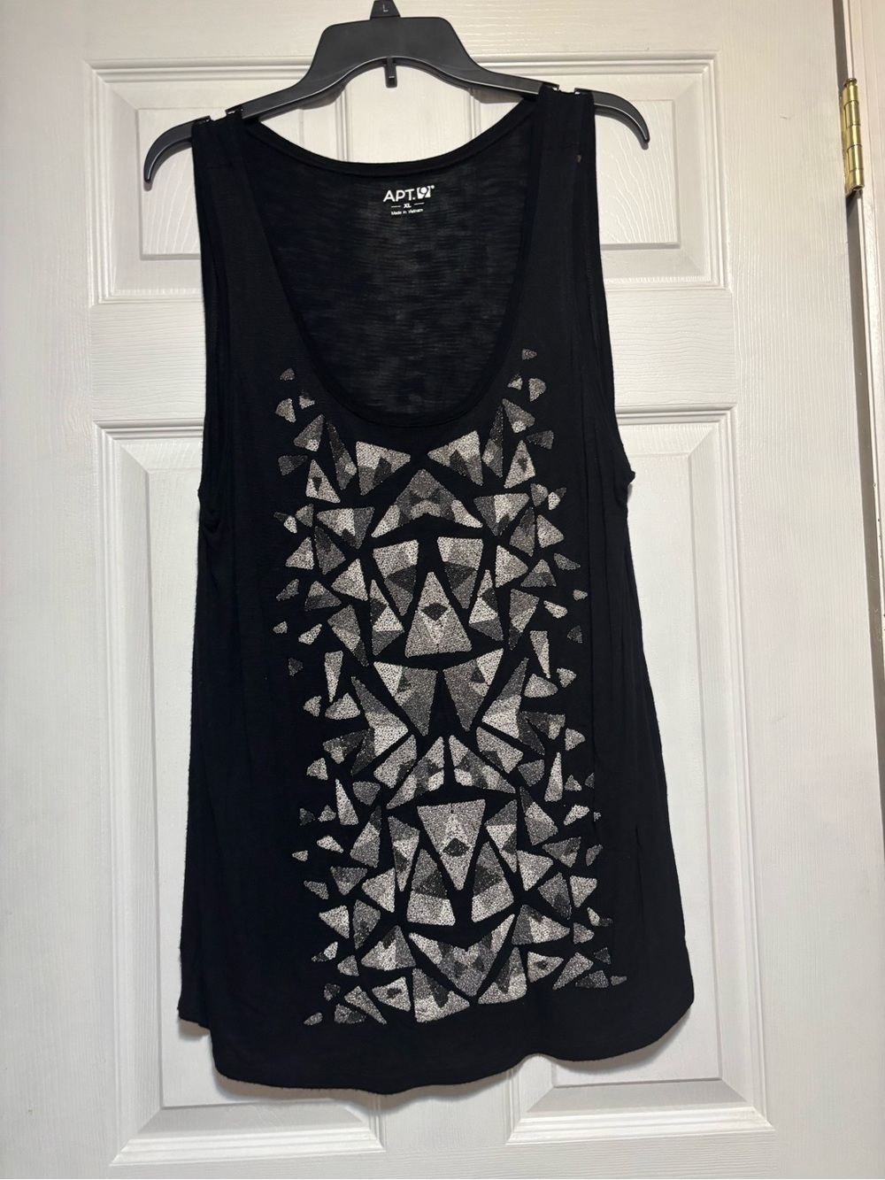 Apt. 9 Black Tank with Silver Geometric Foil Design